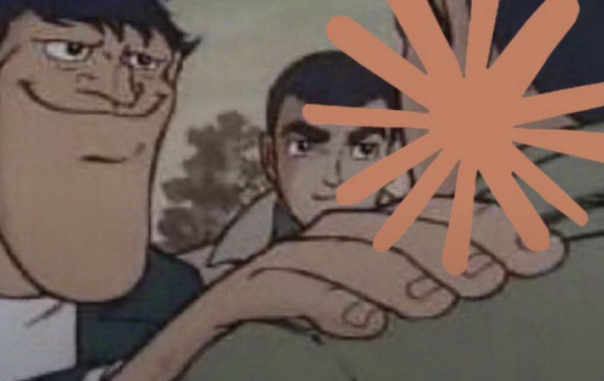 two anime characters in a cel-style scene — one with a wide unsettling grin handshakes another, an orange "pow" burst over the clasped hands